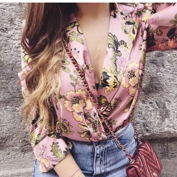 Zara Tops - Zara oriental floral pink bodysuit silk top shirt